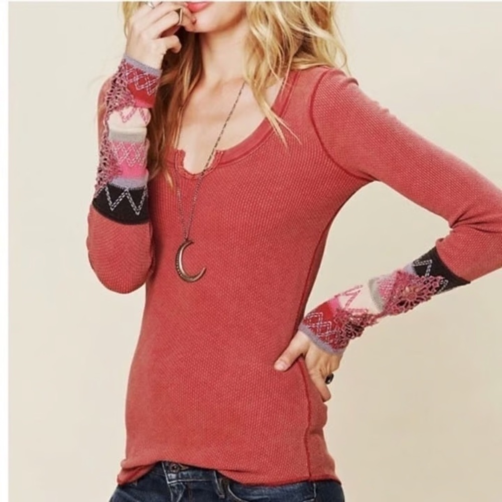 Free People Red Kombucha Layering Cuff Thermal Long Sleeve